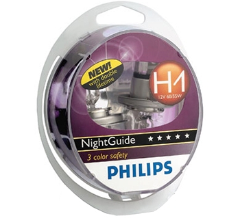 Галогенные лампы Philips H1 NightGuide DoubleLife (три спектра) (2шт.)